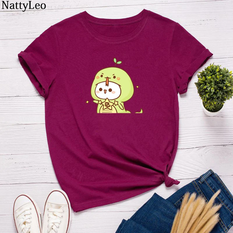 

S-5XL Summer Plus Size Women Shirt Fashion Cartoon Tshirt O-Neck Short Sleeve Tees Green Tops Clothing 100%cotton Woman Tshirts