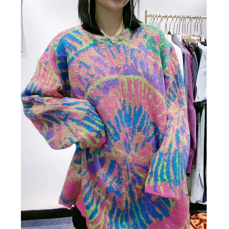 

New Autumn Women Knitting Sweater Loose Long Sleeve Pullovers Tops Street Sweet Mixed Colors O-Neck Warm Medium-Long Sweaters