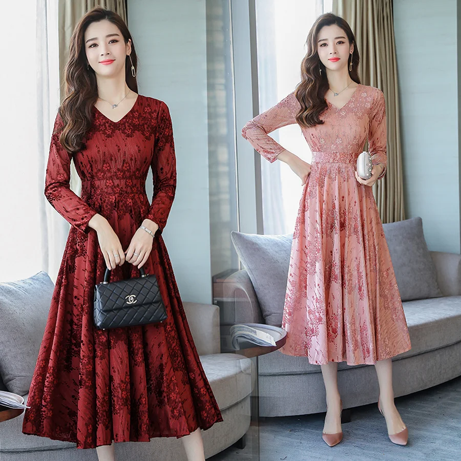 Винтажные однотонные платья миди Осень зима 2020 Женское Платье макси с длинным