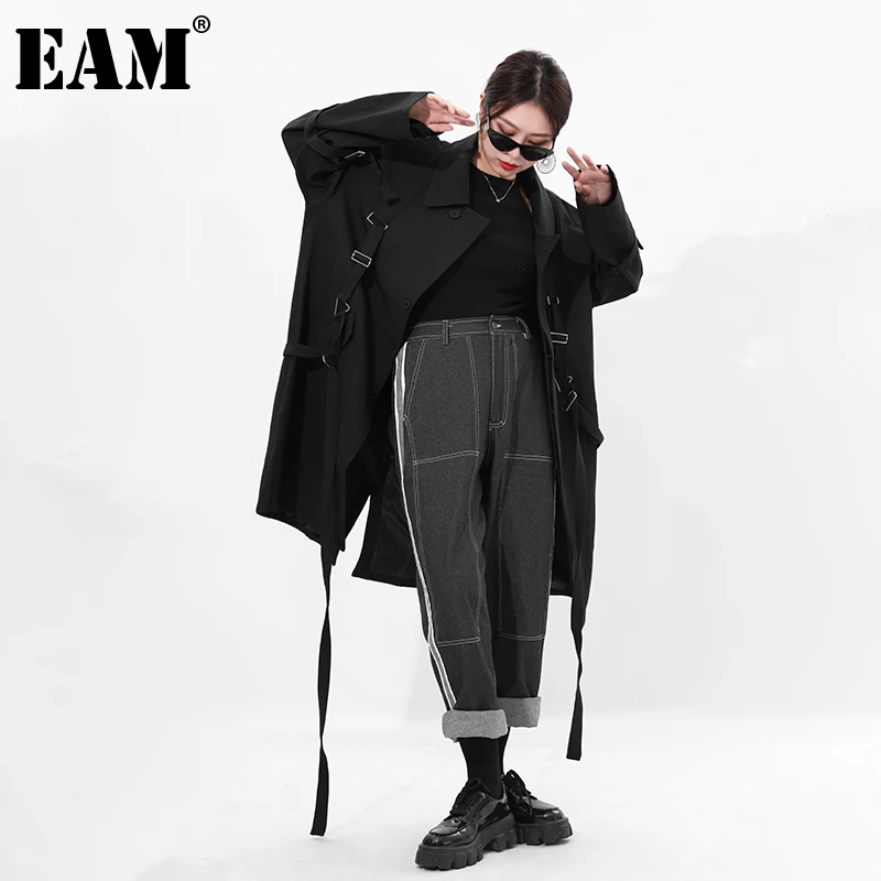 

[EAM] Свободная черная Асимметричная длинная куртка большого размера с пряжкой, Новое Женское пальто с длинными рукавами и отворотом, модная ...