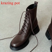 krazing pot cow leather classic round toe chelsea boots original design lace up thick heels keep warm all match ankle boots l26