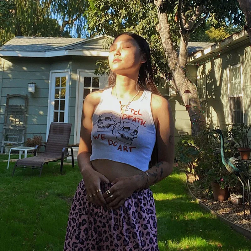 

Fashion Punk Gothic Tank Top Woman Aesthetic Sleeveless White Short Tank Harajuku Knitted Print Slim Crop Top Summer Club 2021