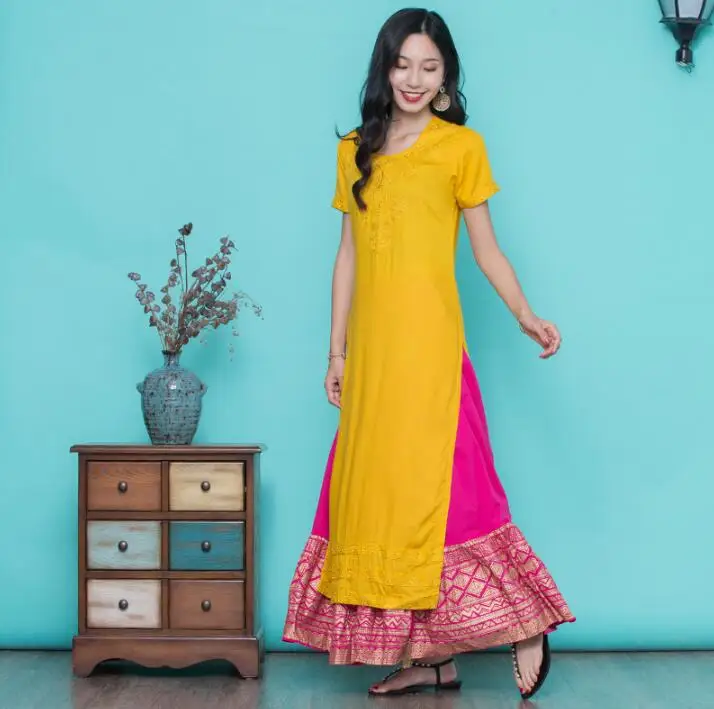 Новые женские модные комплекты в этническом стиле хлопок Индия Kurtas короткий рукав длинный желтый тонкий Топ Юбка