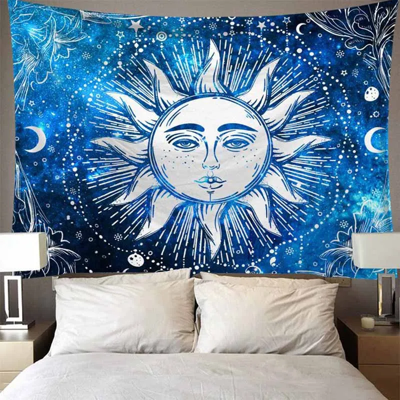 

White Blue Sun Tapestry Wall Hanging Mandala Bohemian Backdrop Decor Cloth Hippie Wall Tapestry Polyester Psychedelic Tapestry