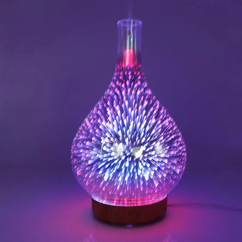 

3D Fireworks Light Wood-grain Glass Vase Shape Air Humidifier with LED Night Light Aroma Essential Oil Diffuser Mist Maker