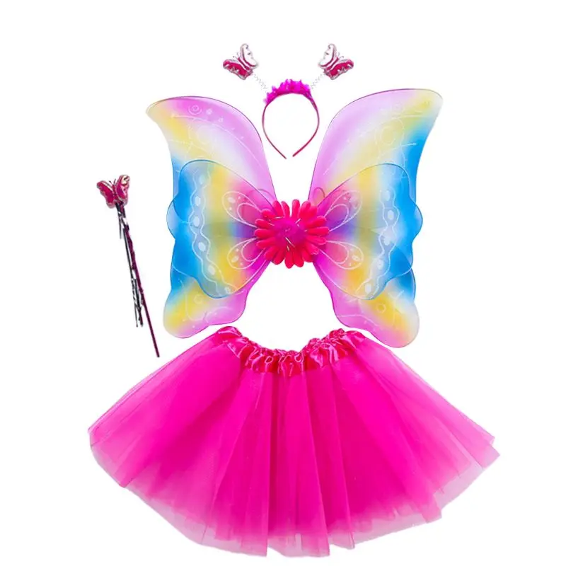 

4Pcs Girls Fairy Costume Set Rainbow Butterfly Wings Three Layers Tulle Tutu Skirt Wand Headband Princess Halloween Party 3-8T