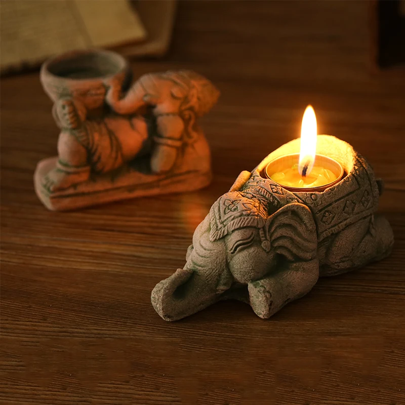 

WHYOU Southeast Asia Sand Carving Craft Thailand Handmade Elephant Candlestick Creative Home Desktop Decorations Ornaments