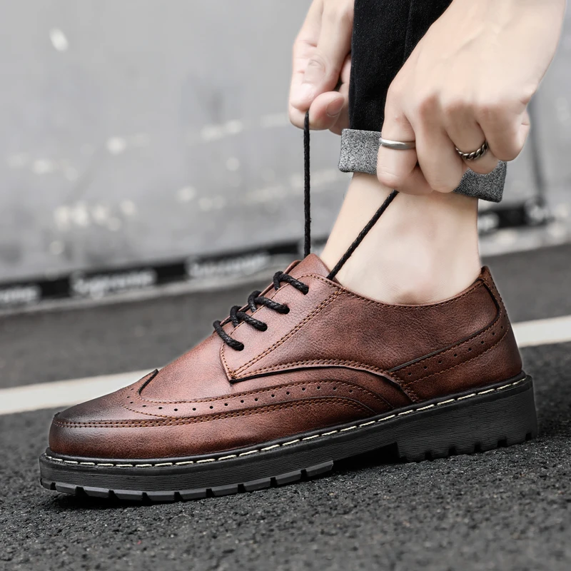 

New Men's Casual Shoes 2021 Fashion Leather Dress Shoes Lace Up Flats Male British style Footwear Loafers Men