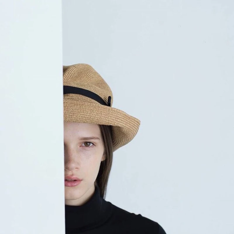 

New Japanese Handmade Women Summer Beach Nature Hat Black Ribbon Bow Ribbon Foldable Paper Braid Light Hat Wide Boxed Hat Soft