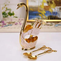 304 stainless steel fruit cake fork coffee tea spoon swan holder cutlery set 1dining table 6spoons zinc alloy dropper gold