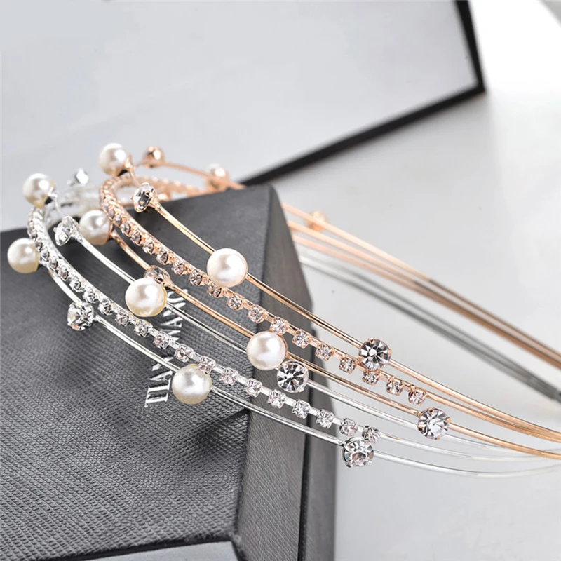

Elegant Head Hoop Fashion Sweet Hair Hoop Women Girls Rhinestones Pearl Shiny Hair Accessories Crystal Hairband Three Layers