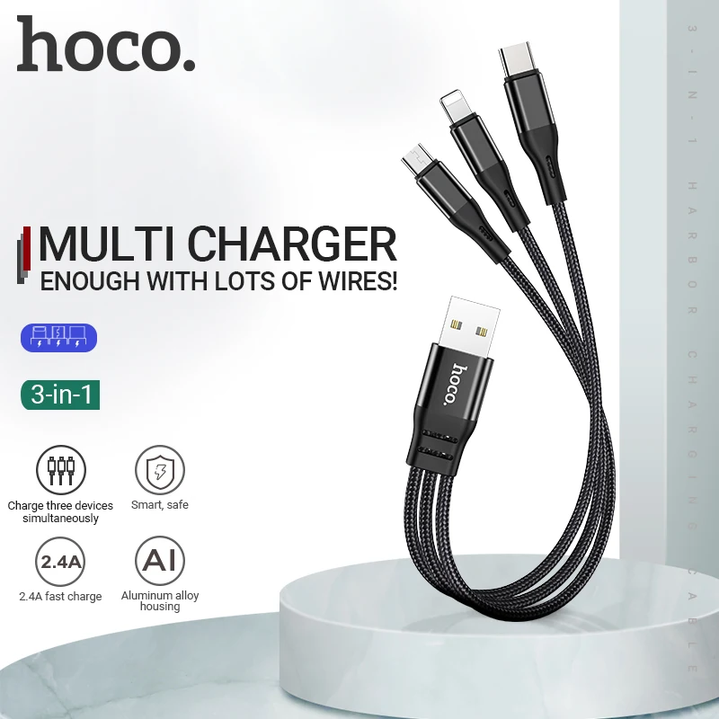 

hoco 3 in 1 USB Cable short 3in1 For Lightning Micro USB Type C wire For iPhone Samsung Xiaomi USB C Charger Cord Fast Charging