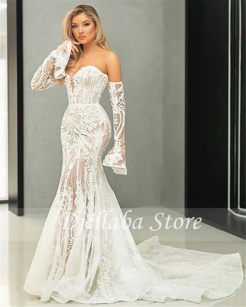 

Middle East Mermaid Wedding Dresses Sweetheart Plus Size Long Sleeves Lace Applique Arabic Wedding Gowns