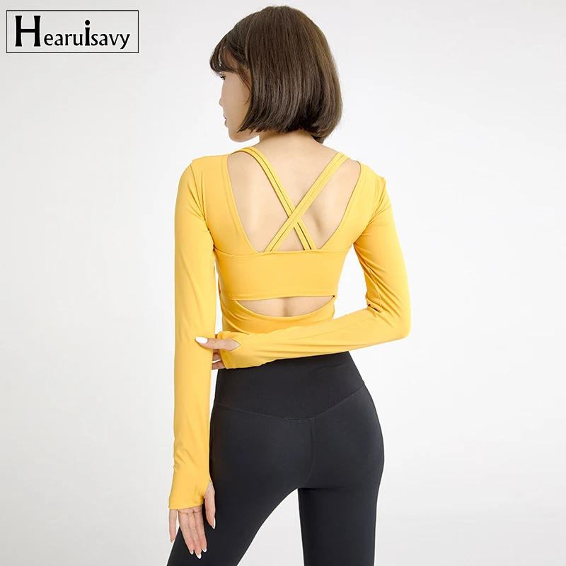 

Новинка зимняя одежда для йоги женский спортивный топ с нагрудной подушкой женский облегающий Топ пуш-ап с длинными рукавами и перекрестно...