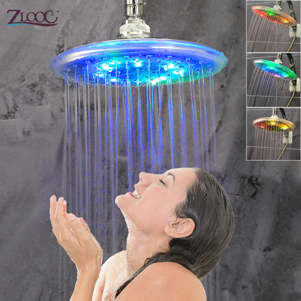 

Zloog Top Round LED Rainfall Shower Head Automatically RGB Color-Changing Temperature Sensor Showerhead Ceiling Mounted Shower