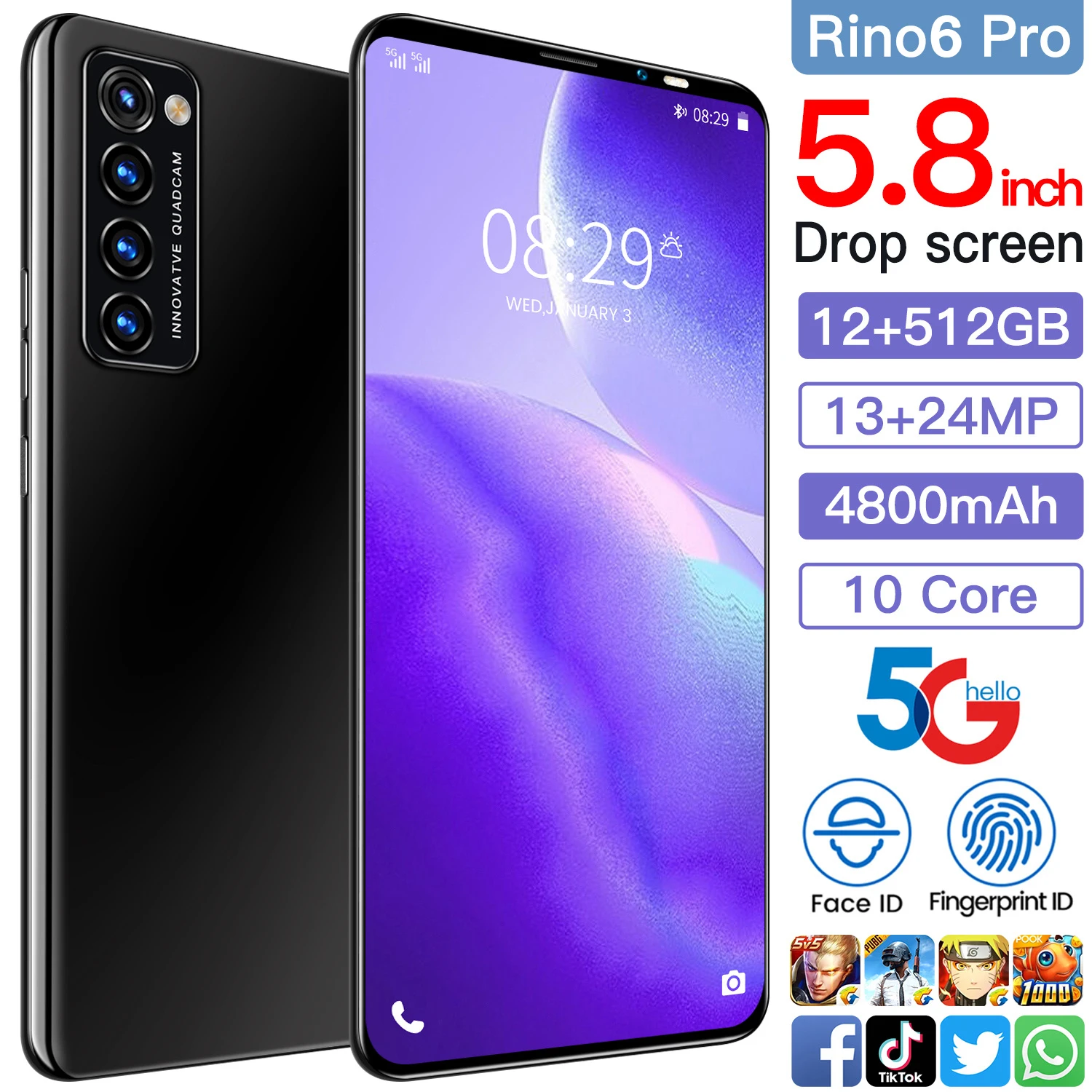 

Best Smartphone Rino6 Pro Global Version 4800mAh Battery 5.8 Inch HD Screen 12GB 512GB Snapdragon 888 13MP 24MP Camera Face ID