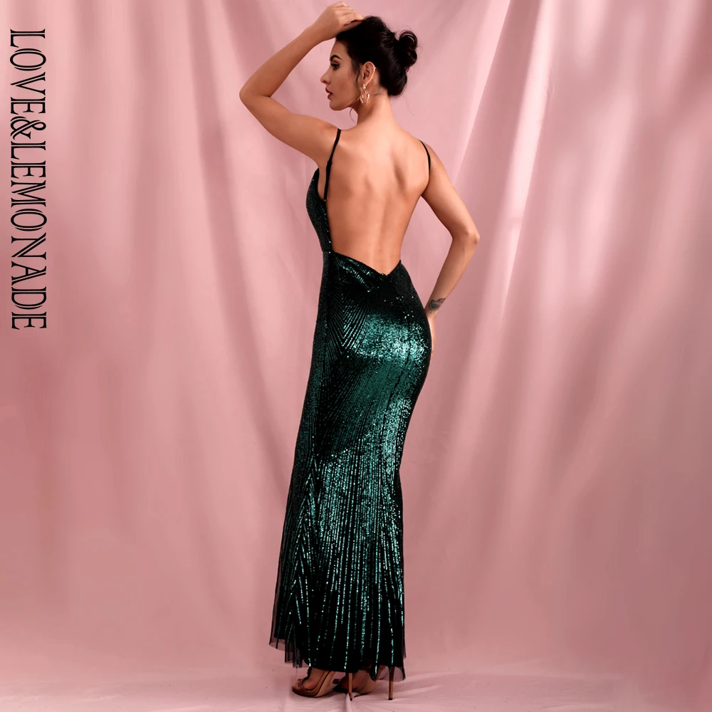 

LOVE&LEMONADE Sexy Green Deep V-Neck Geometric Sequins Slim Fit Open Back Fishtail Party Maxi Dress LM81225-1