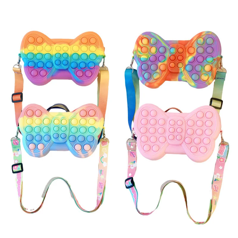 

New Pop It Macaroon Rainbow Bow Fidget Toys Inclined Shoulder Bag Cute Ease Anxiety Finger Press Knapsack Stress Reliever Gift