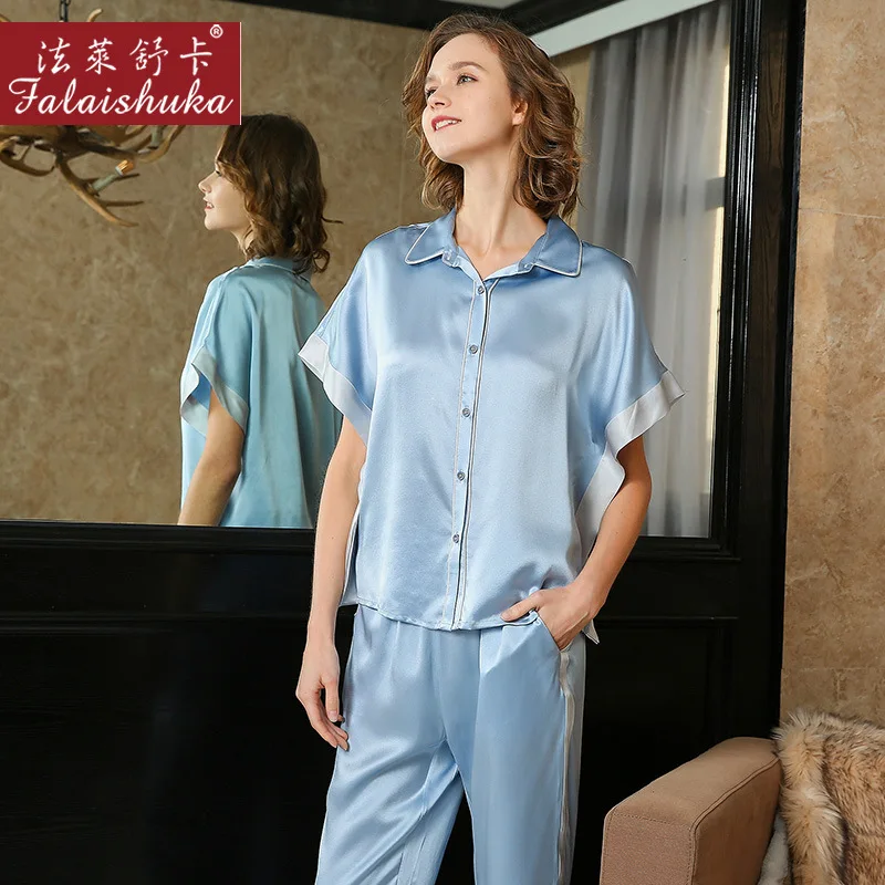 Elegant Navy blue 100% silk pajamas sets women sleepwear short sleeves Korean sexy 100% genuine silk womens pyjamas T8233