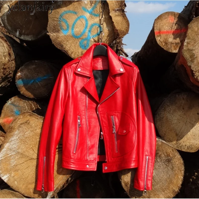 Real Genuine Leather Jacket Women Spring Autumn 100% Sheepskin Coat Red Biker Motorcycle Jacket Chaqueta Cuero Mujer KJ7052