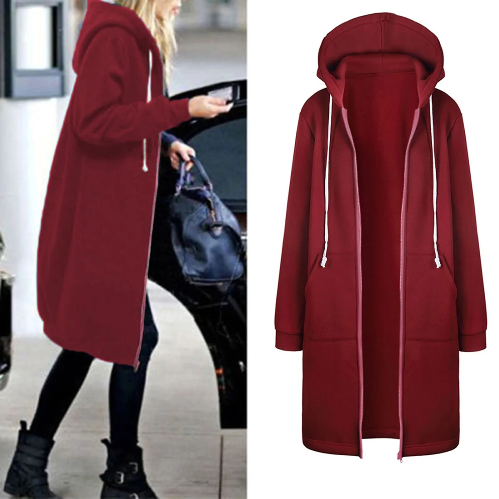 

2021 Autumn Casual Women Long Hoodies Sweatshirt Coat Zip Up Outerwears Hooded Jacket Winter Pockets Plus Size Outwear Tops