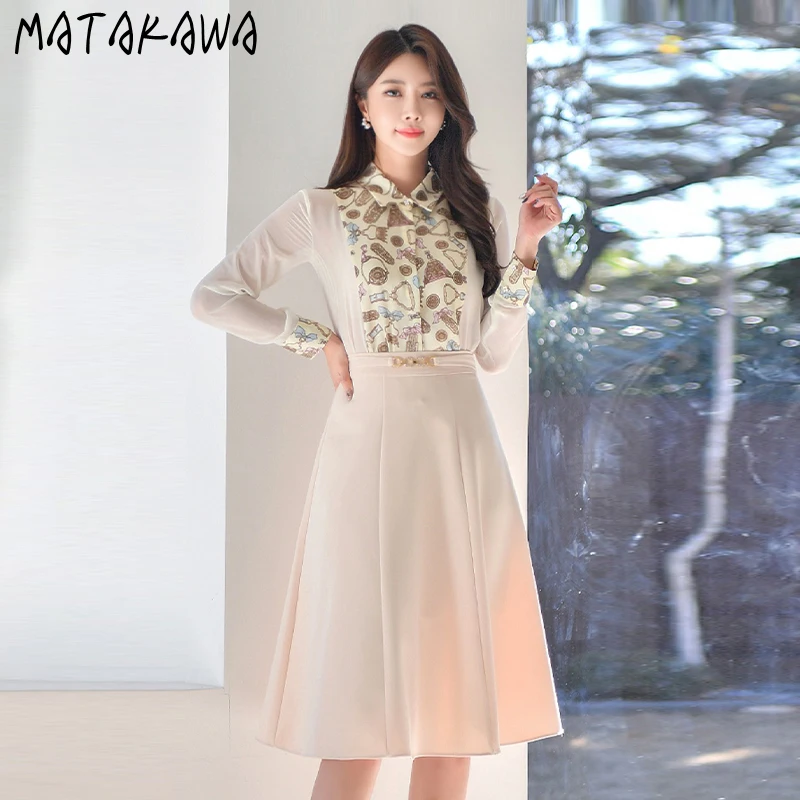 Matakawa Skirt Suits Korean Fashion Vintage Elegant Print Patchwork Shirts + High Waist Slim Swing Faldas Largas Women Sets |