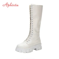 aphixta 2021 winter shoes womens long high boots white pu leather knee high boots female fashion lace up platform botas mujer