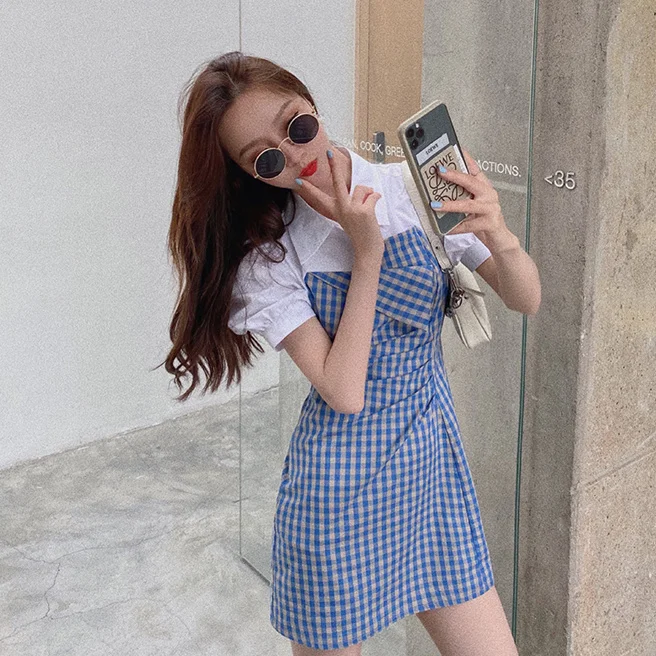

For Summer Women's Dress Turn-down Collar Puff Sleeve A-Line Women's Dress Blue Plaid Fashion Ladies Dress SS3324