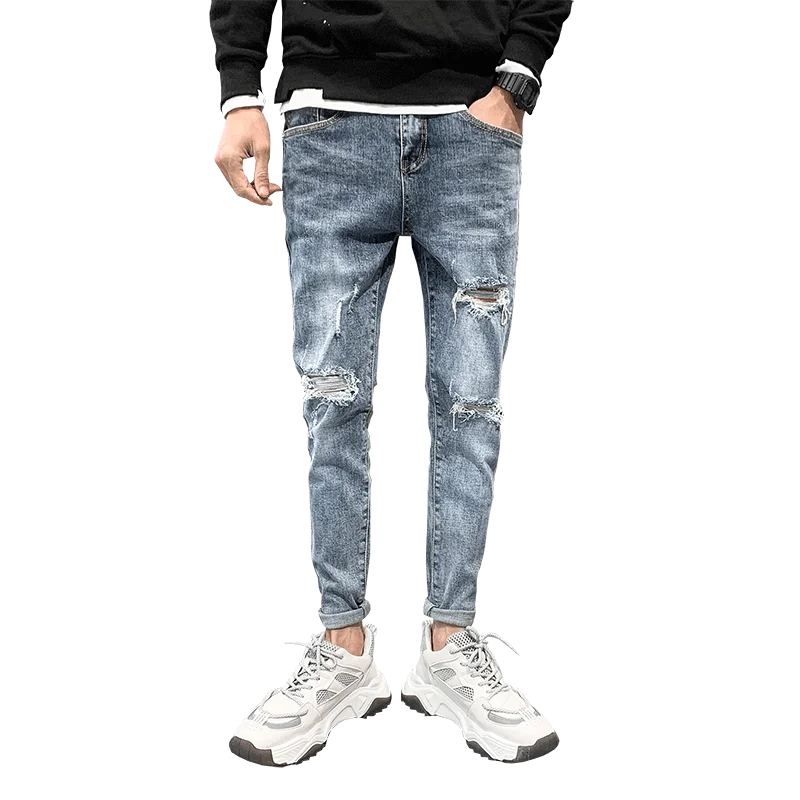 

Fashion 2020 Spring Destroyed Jeans For Men Korean Slim Fit Casual Jeans Men Hip Hop Stretch Denim Jeans Trousers Men 34-28 Blue