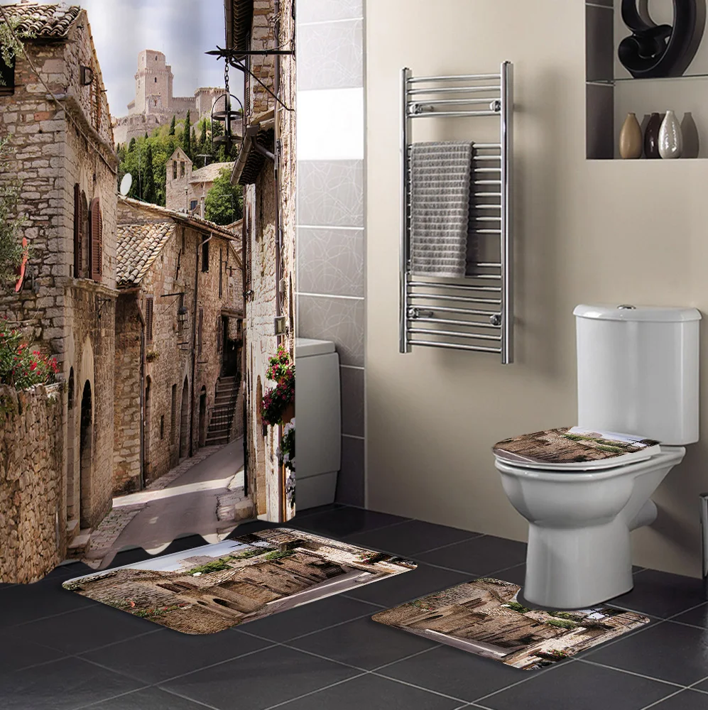 Средневековые города водонепроницаемая душевая занавеска набор ковриков