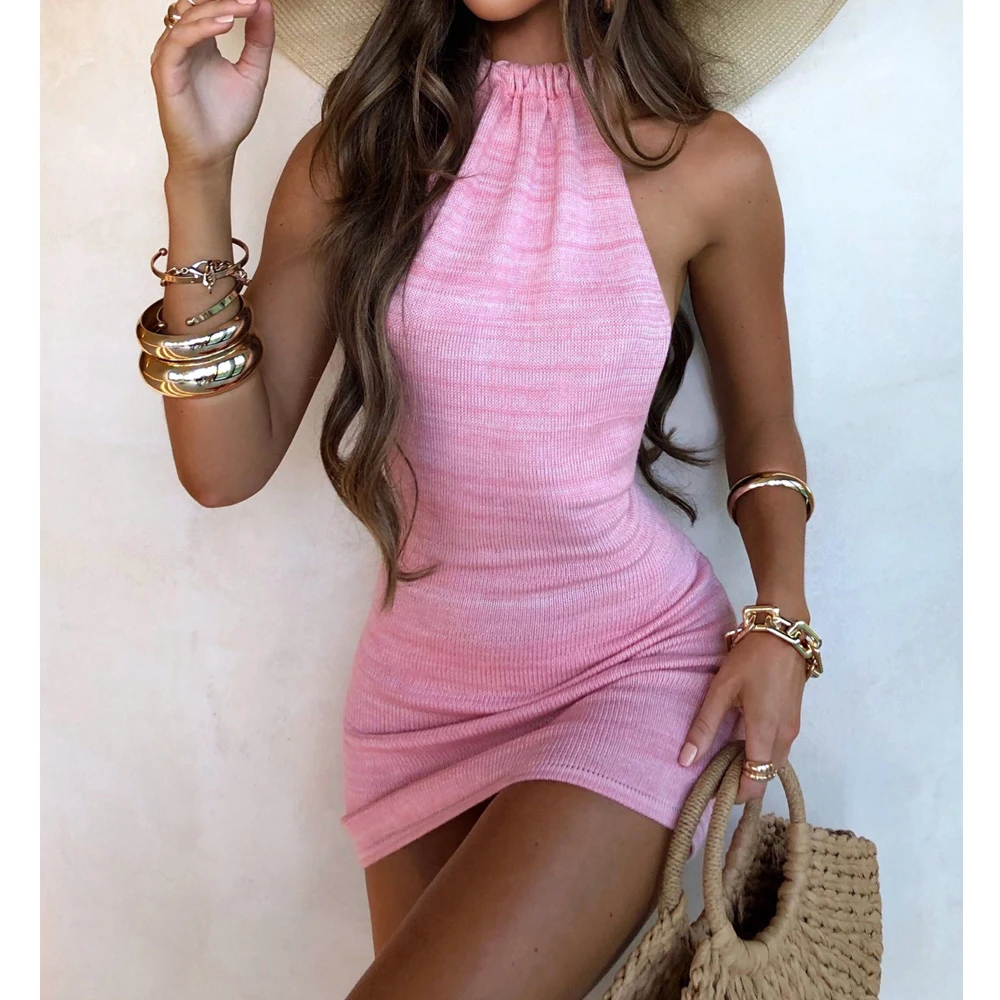 wsevypo Sexy Backless Knitted Short Dress Women's Halter Tie Up Bodycon Sundress...