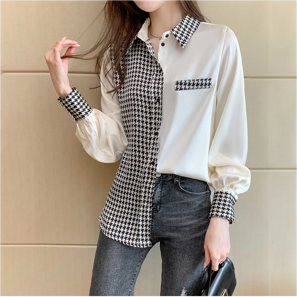 

Houndstooth Satin Long Sleeve Beige Plus size Blouse Women Office Lady Spliced Tops Patchwork Korean Fashion Clothing Shirt