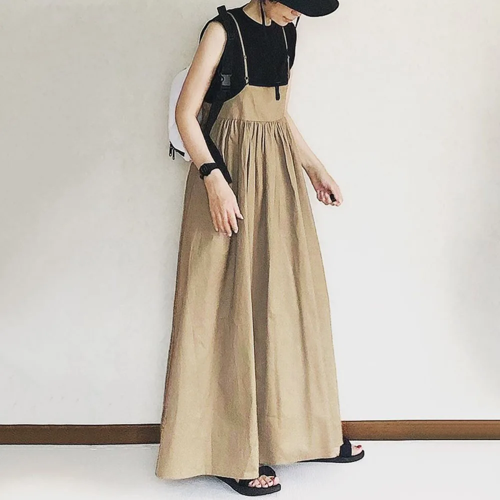 

Korean Japan Women A Line Khaki Dress Summer Casual Lady Pleated Long Maxi Strap Dress Robe Loose Pullover Vestidos Autumn Pop