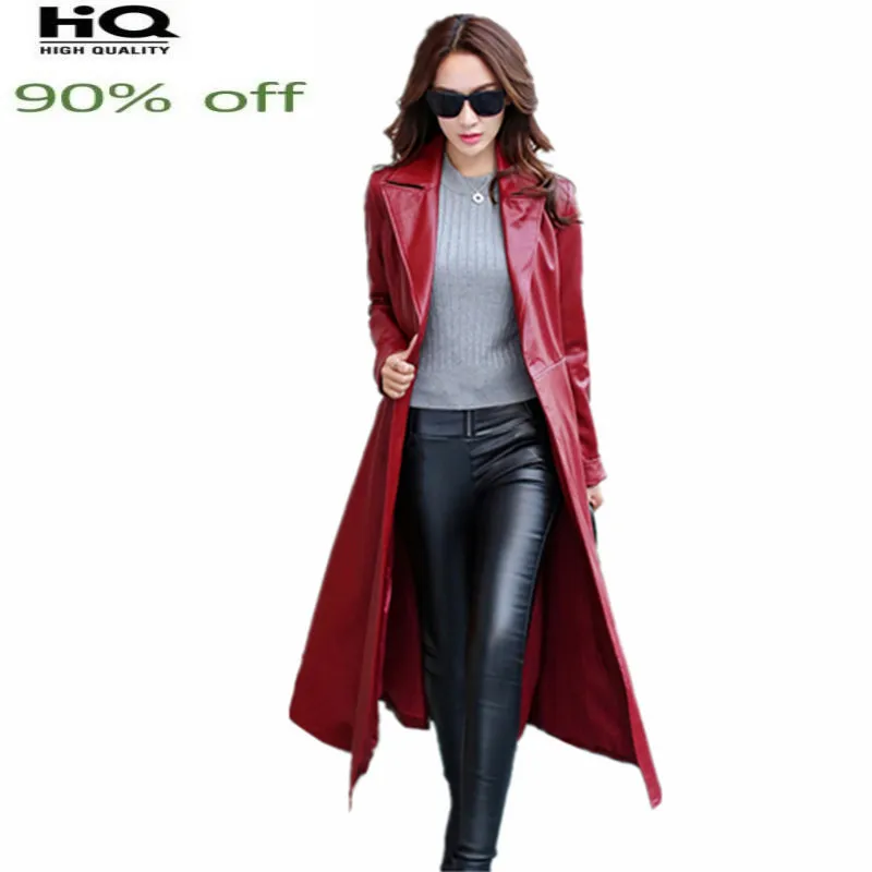 2022 Fashion Large Sizes of Women's Clothing Spring Autumn Long PU Leather Windbreaker Jackets Female Elegant Coat LWL461
