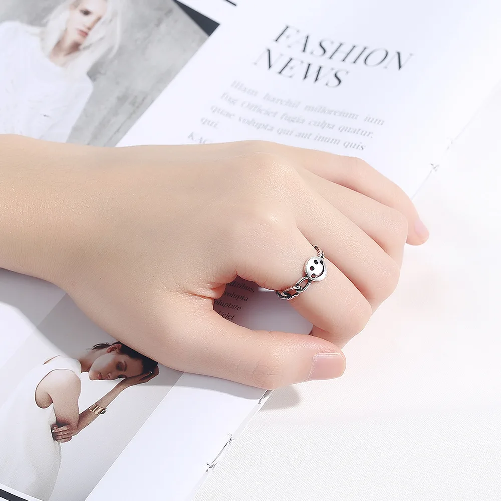 

925 Sterling Silver Lovely Smiling Face Thai Twist Open Finger Ring For Minimalist Accessories Gift