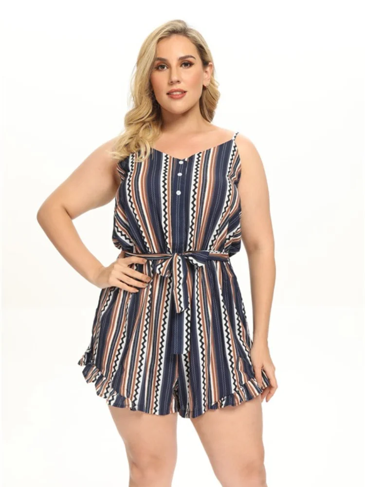 

2021 plus size summer print jumpsuit loose jumpsuit striped shorts