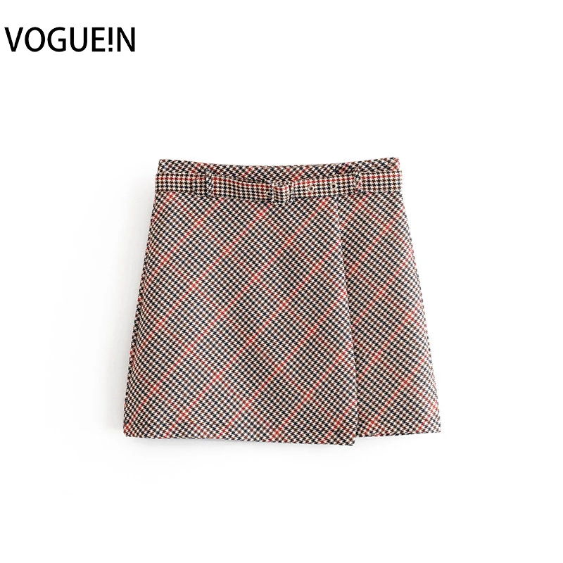 VOGUEIN Новая Женская осенне-зимняя клетчатая Асимметричная мини-юбка с принтом и поясом 2 цвета