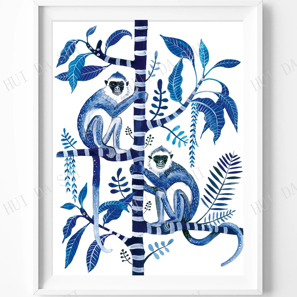 

Monkey Wall art, Frangipani, Blue and white, Hamptons Decor, Blue monkey, Palms, botanical