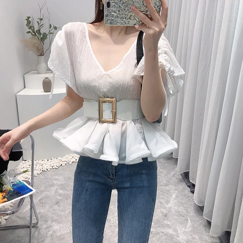 

Korejepo Women Shirt 2021 Summer New French Ladies Ruffled Chiffon Shirt V-neck Pleated Belt Short Sleeve Waist All-match Blouse