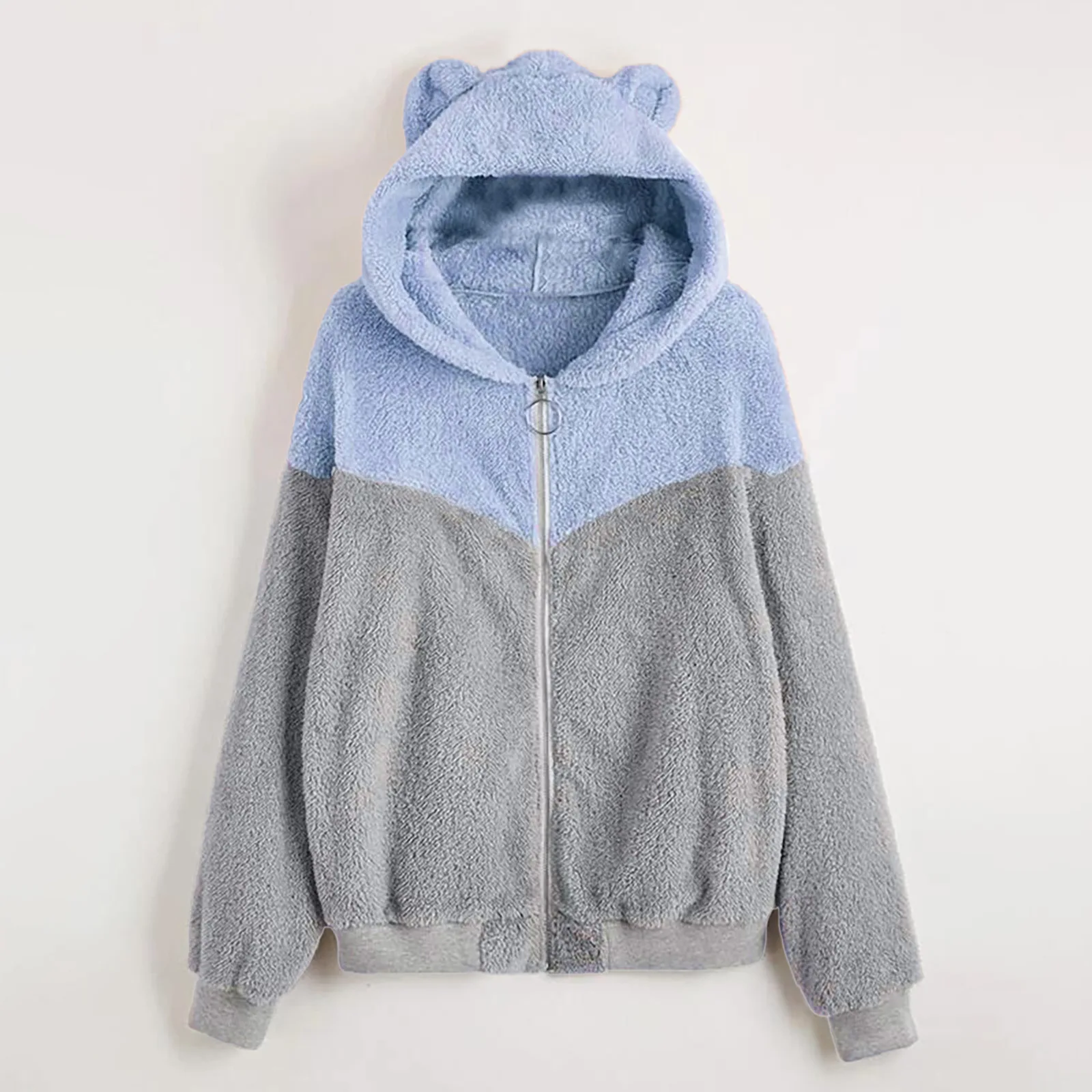 

Warm Women Jackets Stitching Contrast Bear Ears Hoodies Coat Loose Autumn Fashion Zipper Placket Jogger Women Casual Outwear