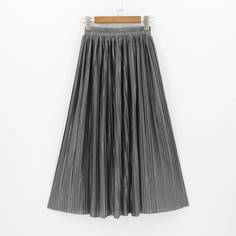 CR Metallic Luster Elasticity Pleated Skirt Woman Europen High Street Style A-Line Mid-Calf Bottoms Party Date | Женская одежда