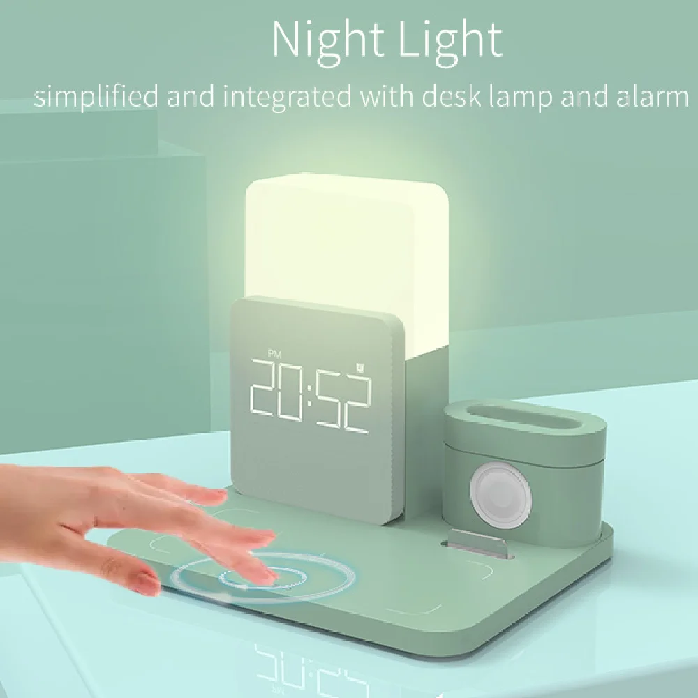 

Black New Charging dock Screen Clock Fast Qi Wireless Charger for mobile phone iwatch and Airpods pro Night desk lamp chargers