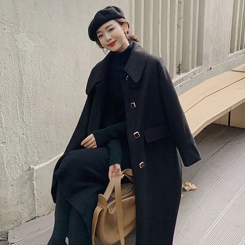 

autumn winter thick warm comfortable temperamental solid black personality high quality elegant long cute wild trench