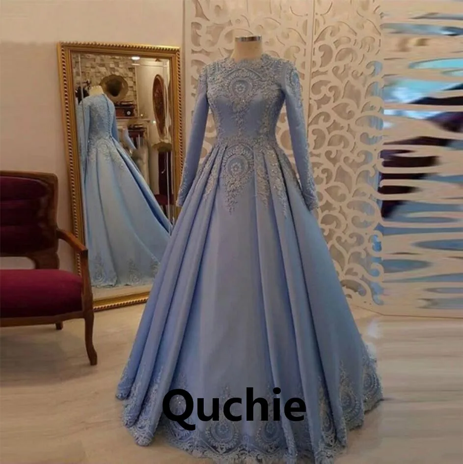

Real Photo Sky Blue Muslim Evening Dresses Full Sleeves Special Occasion robe soiree Islamic Dubai Kaftan Saudi Arabic Prom Gown