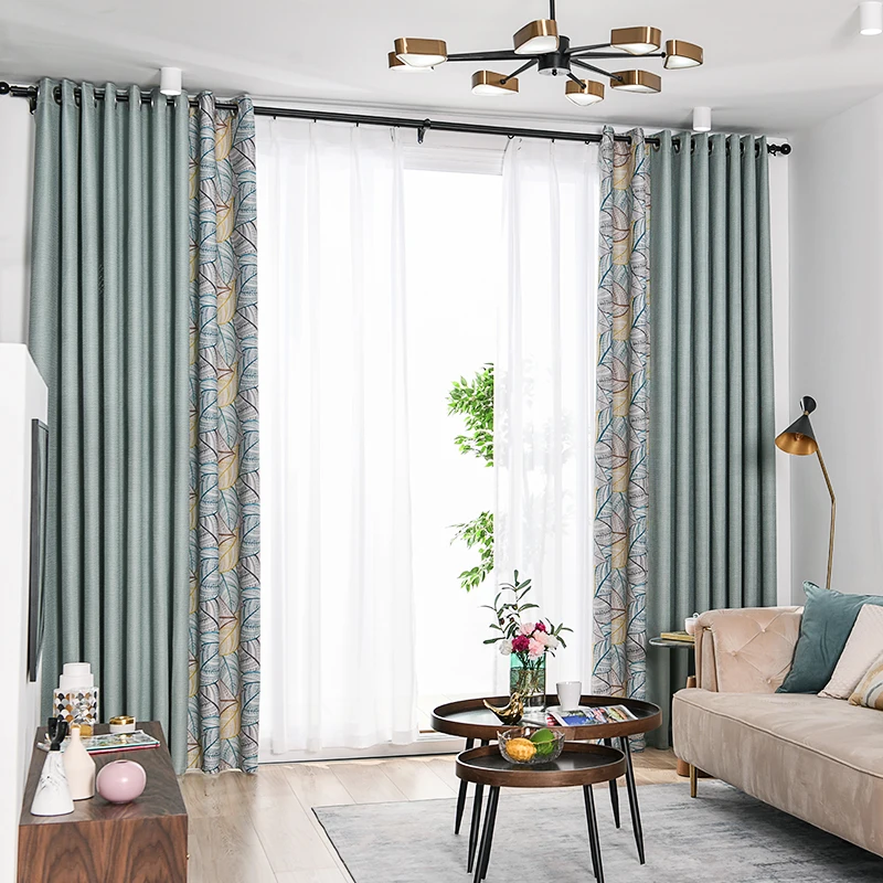 

Custom curtains Nordic livingroom splice leaf green window cotton window bedroom cloth blackout curtain tulle M721