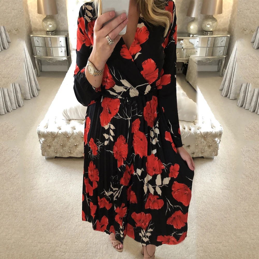 Элегантный Бохо Многоцветный цветочный принт плиссированное платье с v-образным