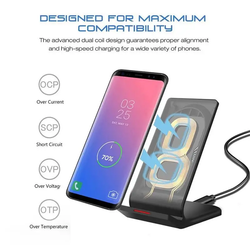 

Qi Wireless Fast Charger With LED Lights Dual Coil Phone Charging Stand For Iphone 11 Pro X Xs Xr 8plus 8 Android Phone
