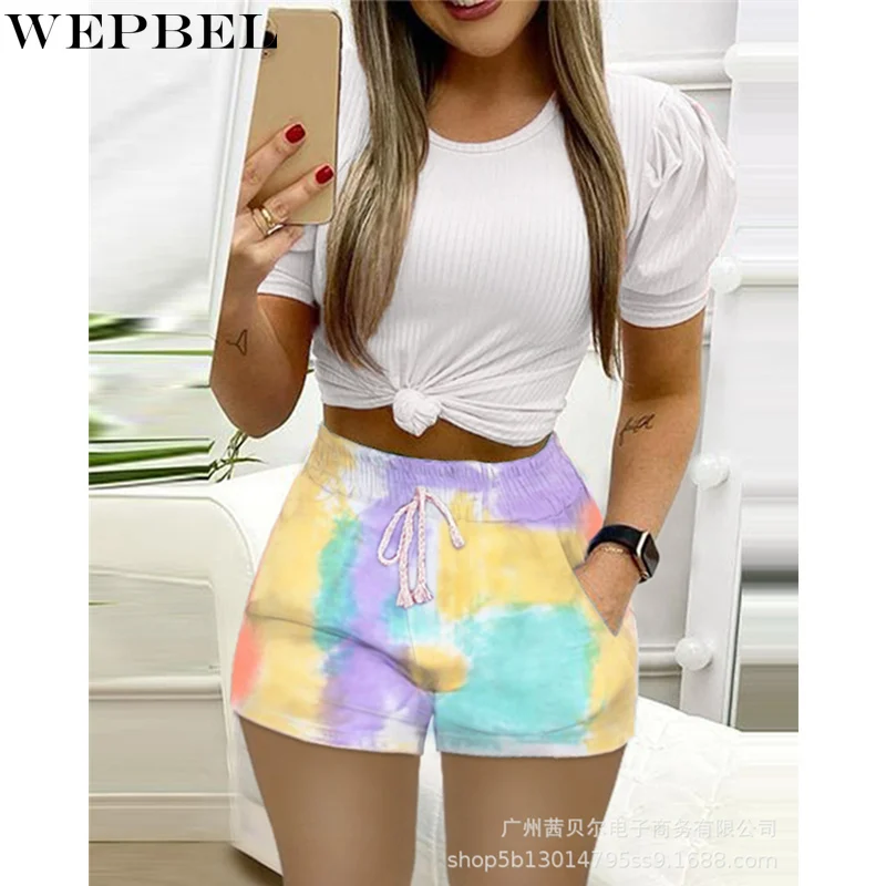 

Комплект из двух предметов WEPBEL Женский, элегантный повседневный Модный укороченный топ и шорты с завязкой на талии, тренировочный костюм