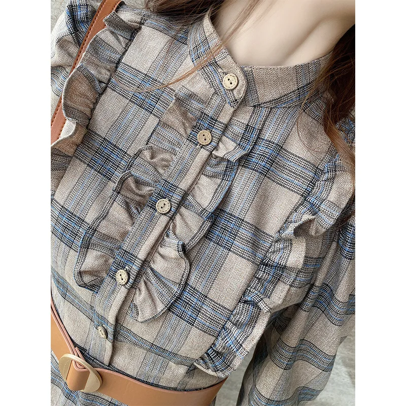 

Luxurious Autumn Style Stand-up Collar Dress Female Literary Plaid Long-sleeved Women's Elegant Commuter Skirt Women