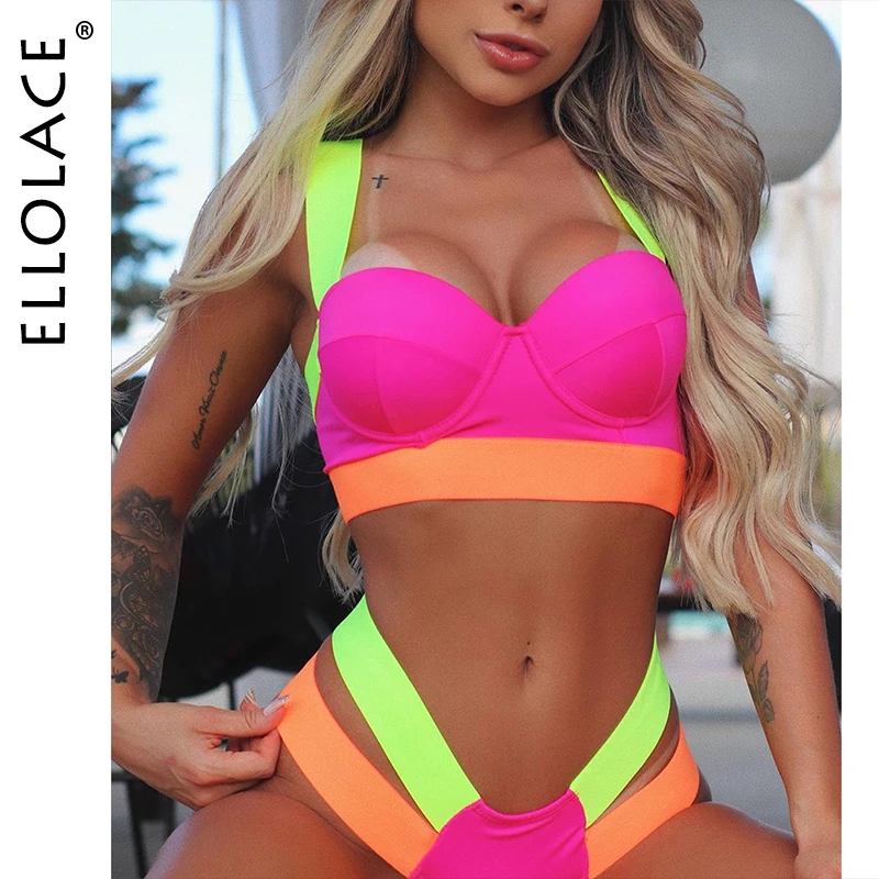 

Ellolace 2021 New Women's Swimsuit Push Up Swimwear Neon Splicing Bikini Summer Bathing Suit Padded Separate Feminine Bikinis